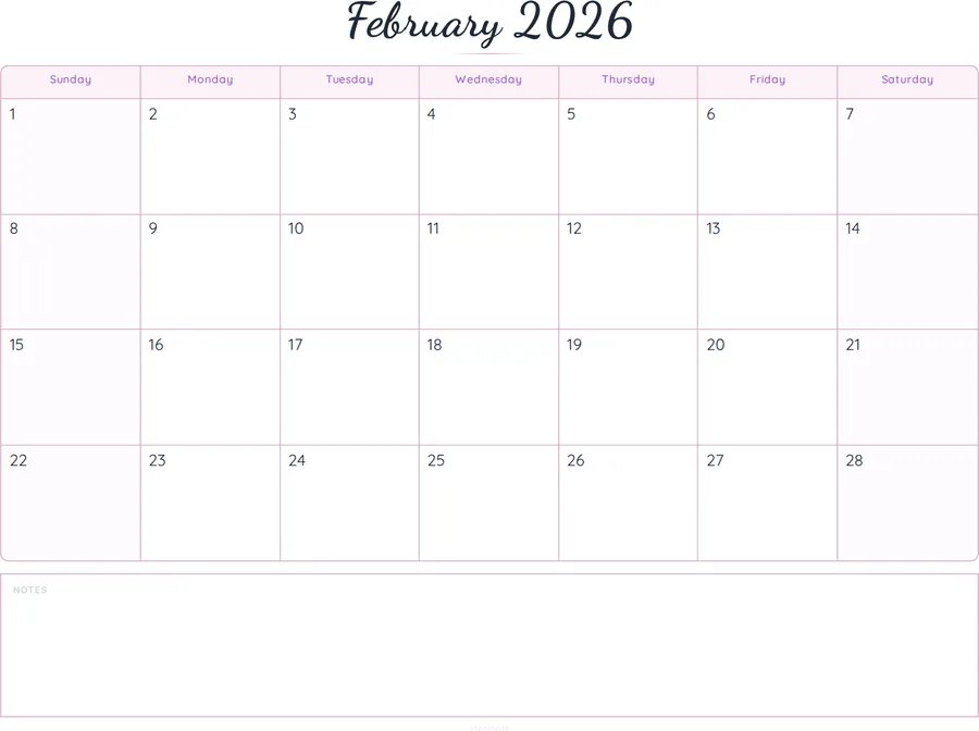 February 2026 Calendar Printable with Notes - Script preview