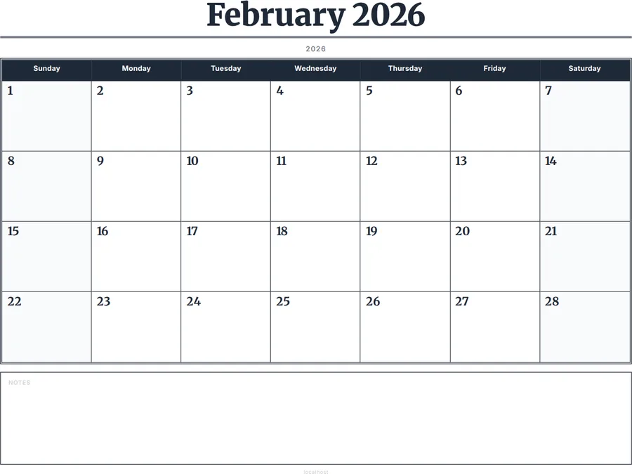 February 2026 Calendar Printable with Notes - Serif Grid preview