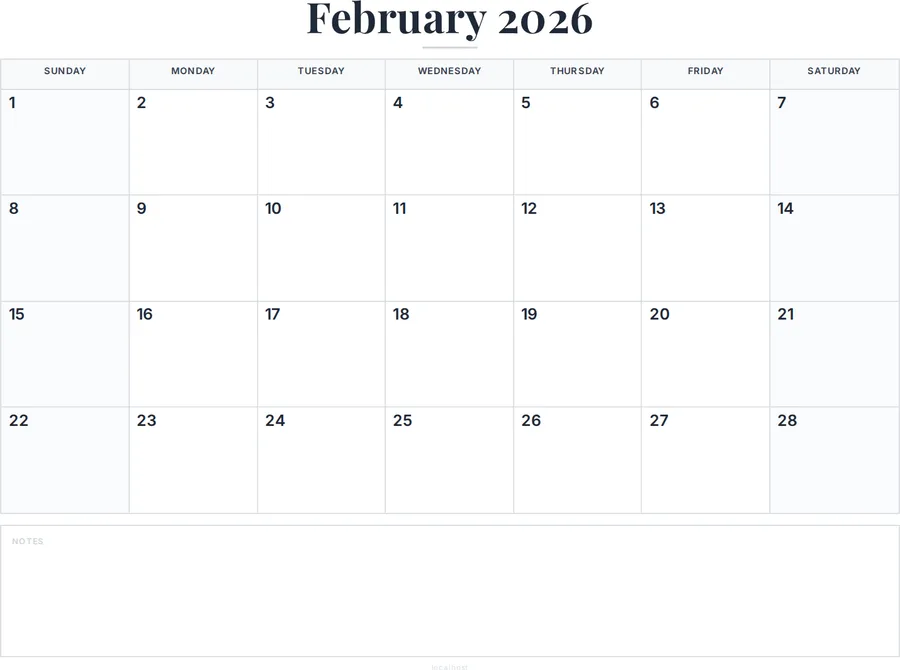 February 2026 Calendar Printable with Notes preview