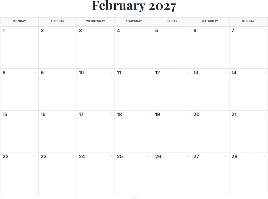 February 2027 Calendar with Holidays preview