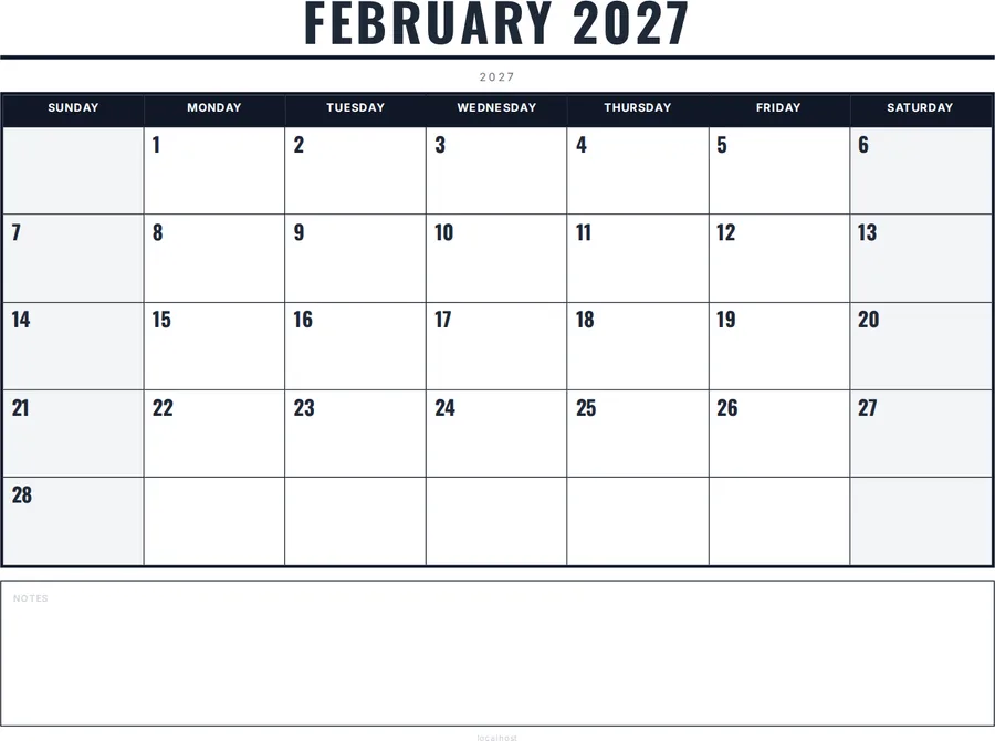 February 2027 Calendar Printable with Notes - Bold preview