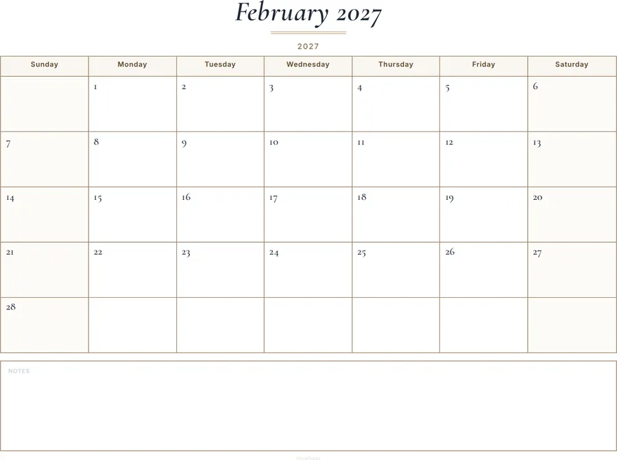 February 2027 Calendar Printable with Notes - Classic preview