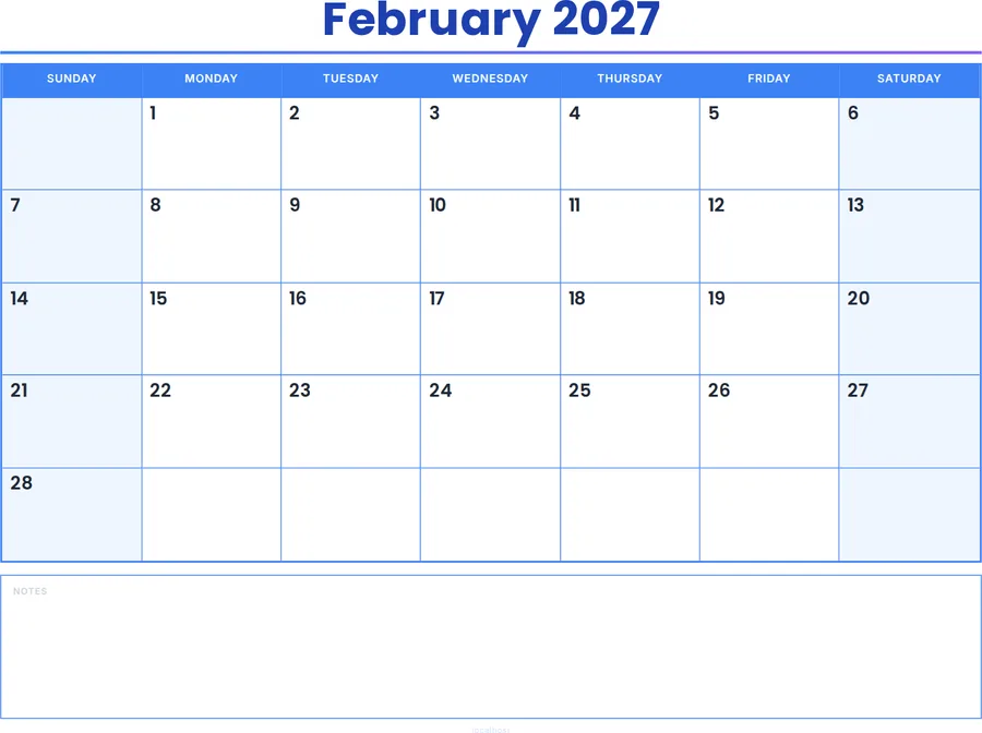 February 2027 Calendar Printable with Notes - Colored Header preview