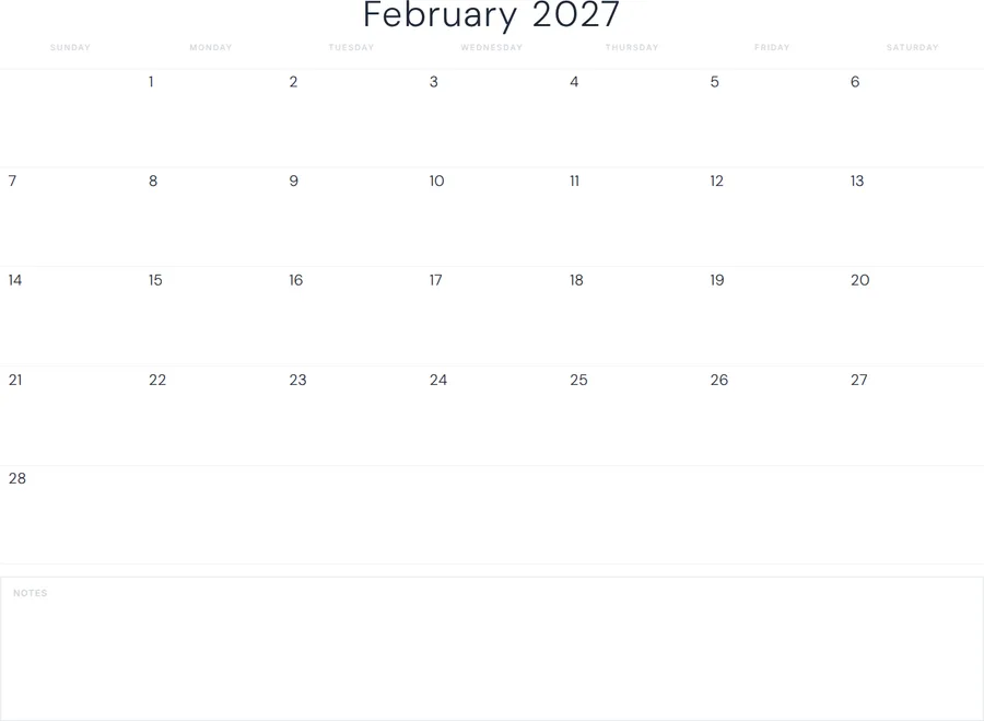 February 2027 Calendar Printable with Notes - Minimal preview