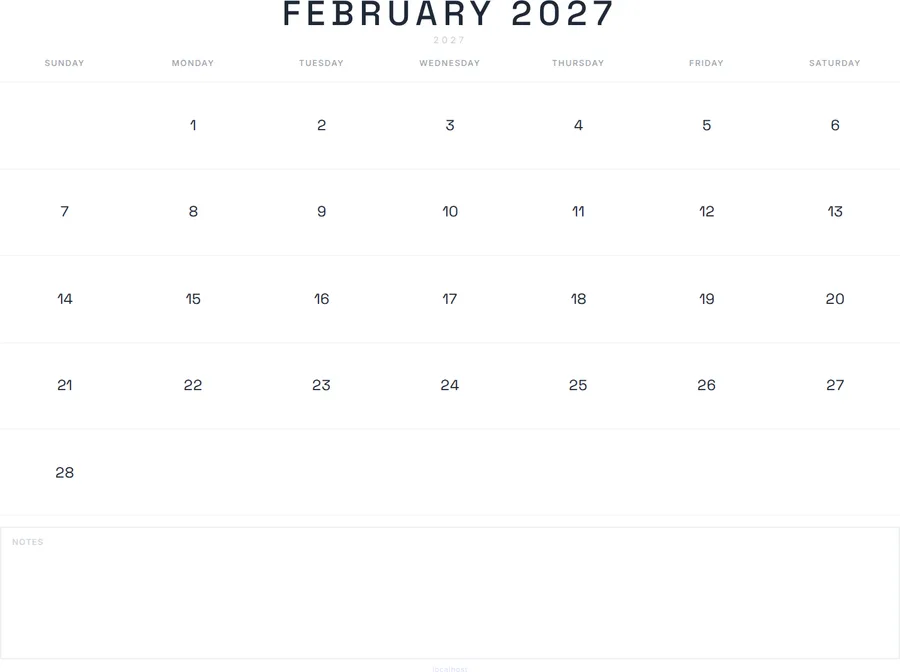 February 2027 Calendar Printable with Notes - Modern preview