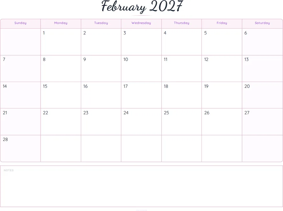 February 2027 Calendar Printable with Notes - Script preview