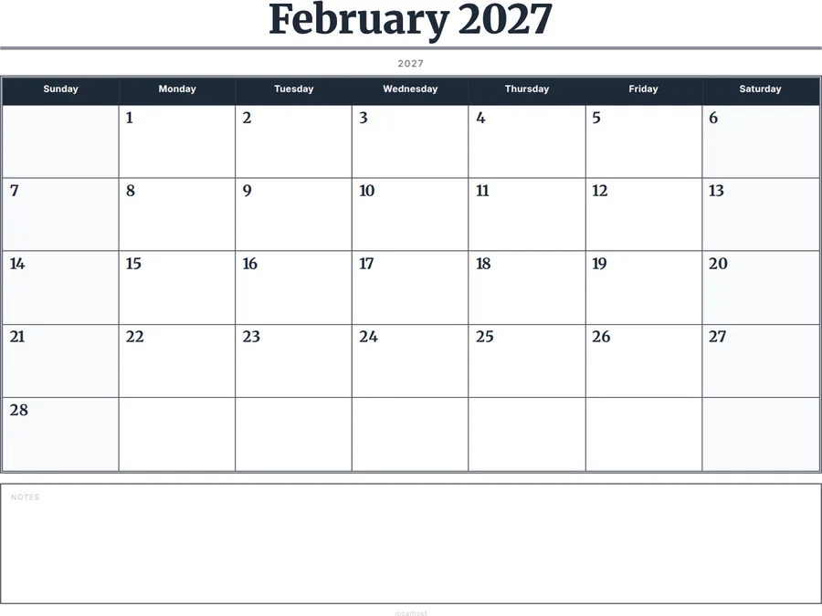 February 2027 Calendar Printable with Notes - Serif Grid preview