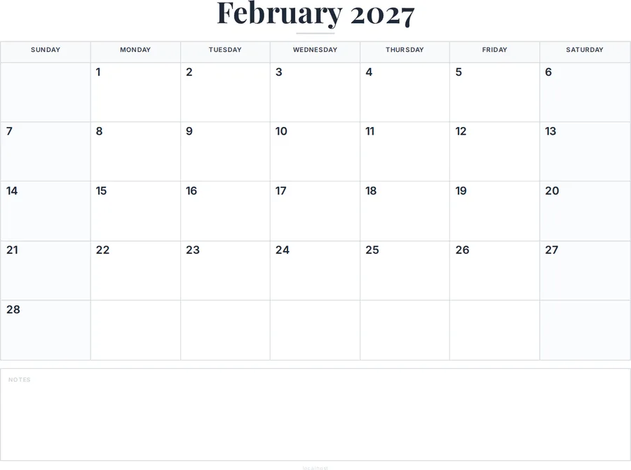 February 2027 Calendar Printable with Notes preview