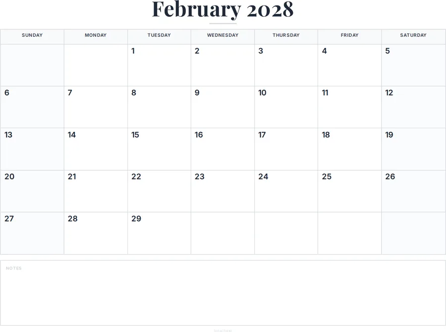February 2028 Calendar Printable with Notes preview