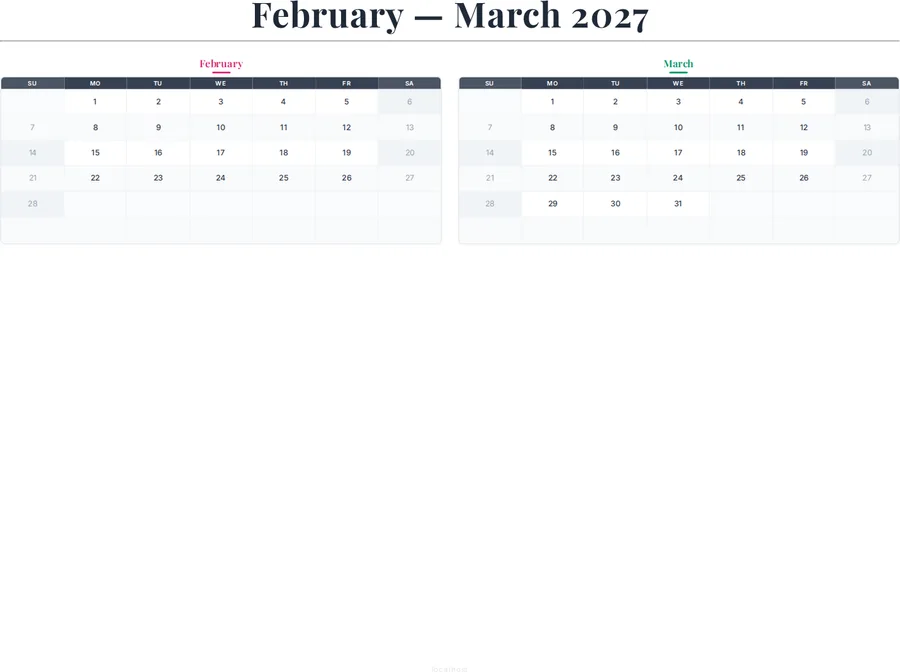 February March 2027 Calendar preview