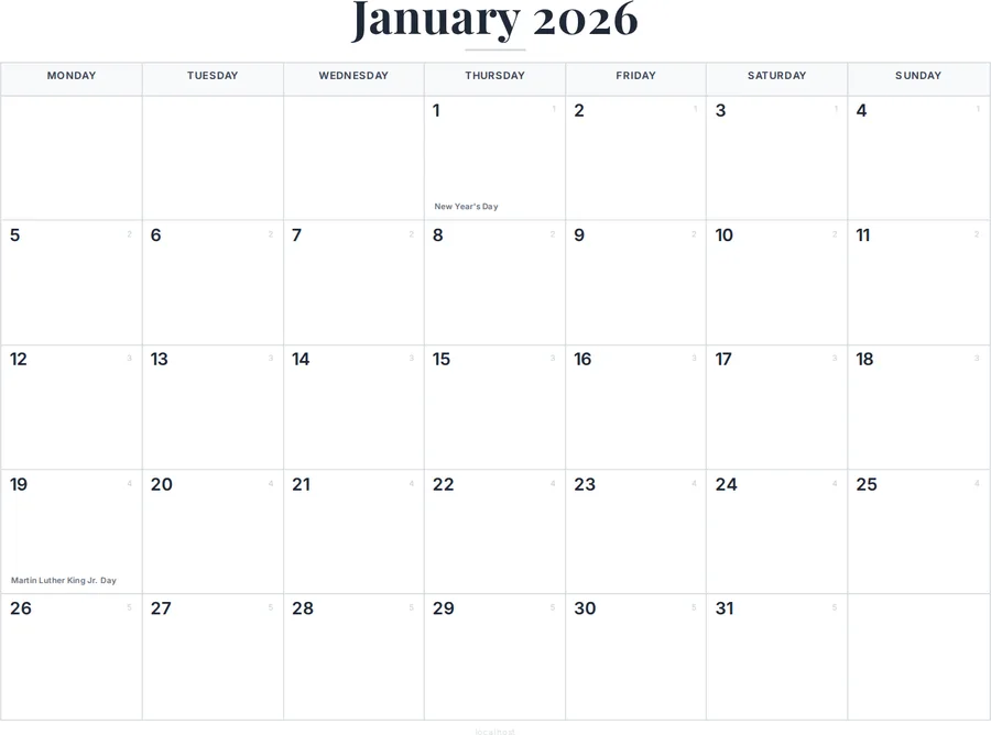 January 2026 Calendar Printable with US Holidays preview