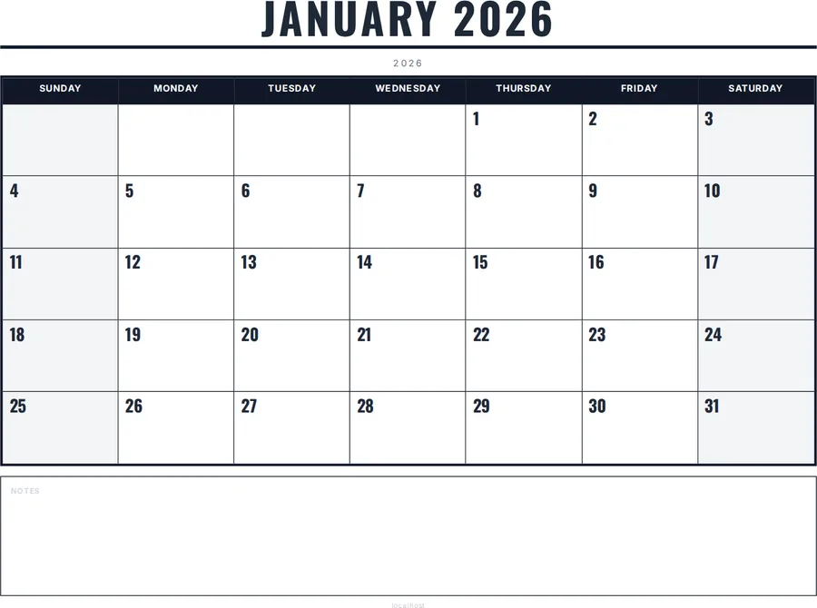 January 2026 Calendar Printable with Notes - Bold preview