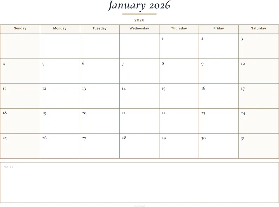 January 2026 Calendar Printable with Notes - Classic preview