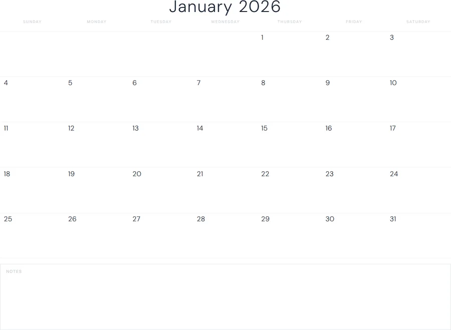 January 2026 Calendar Printable with Notes - Minimal preview