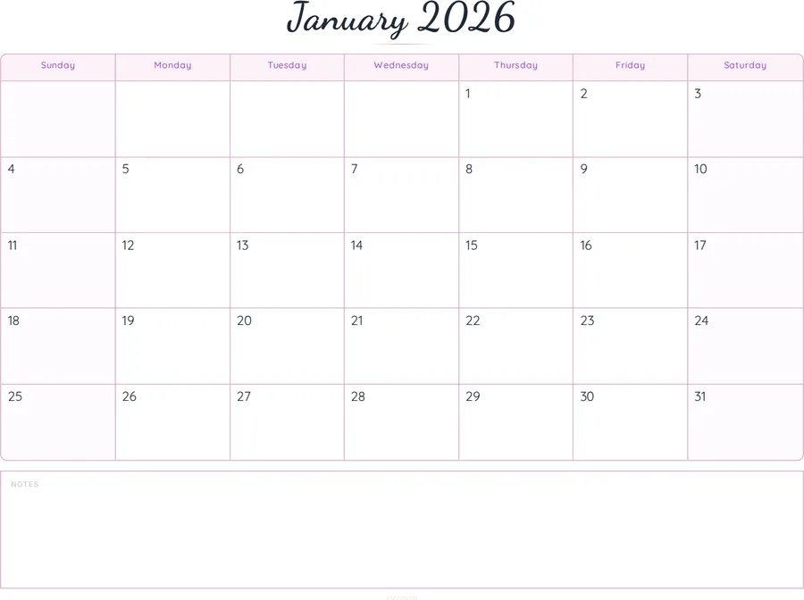 January 2026 Calendar Printable with Notes - Script preview