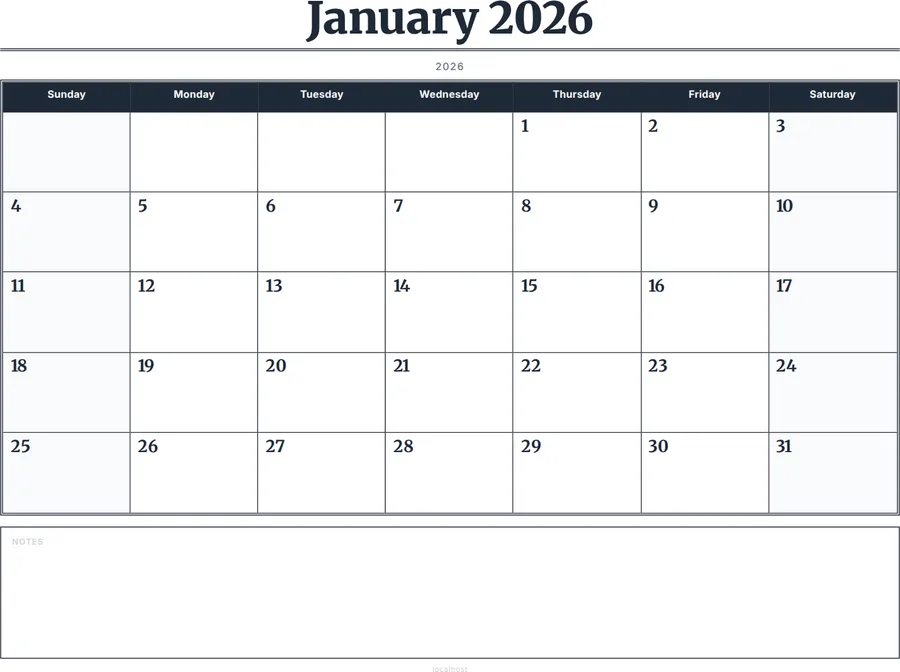January 2026 Calendar Printable with Notes - Serif Grid preview