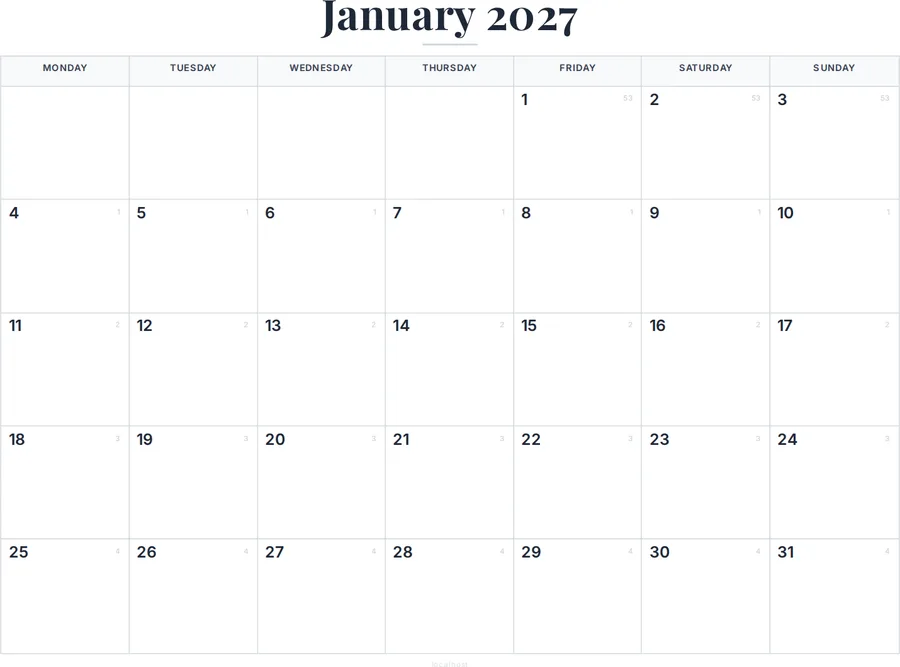 January 2027 Calendar with Holidays preview