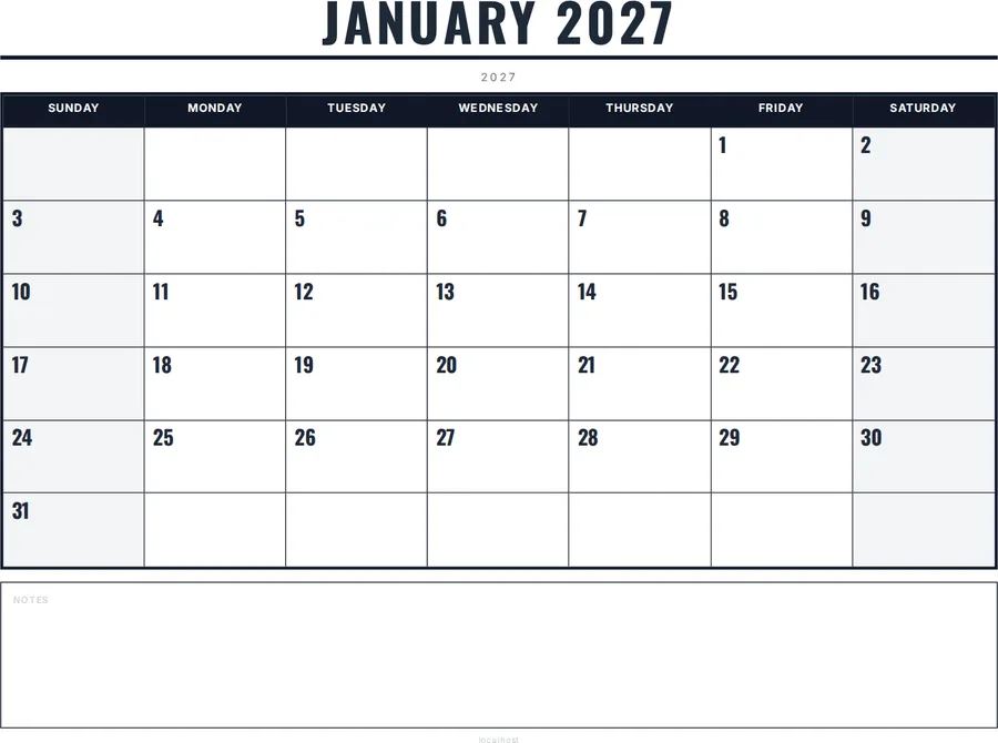 January 2027 Calendar Printable with Notes - Bold preview