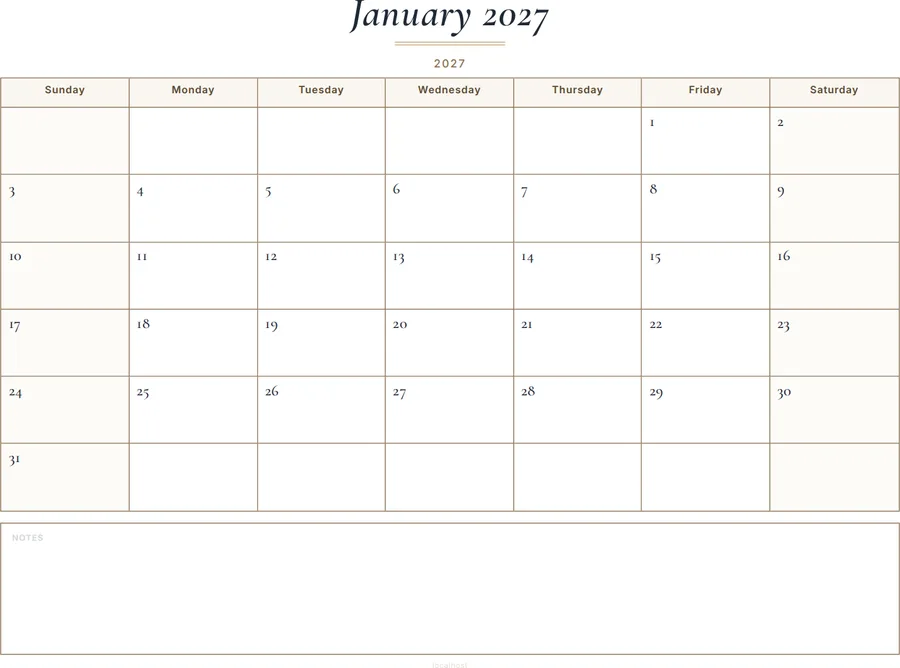 January 2027 Calendar Printable with Notes - Classic preview