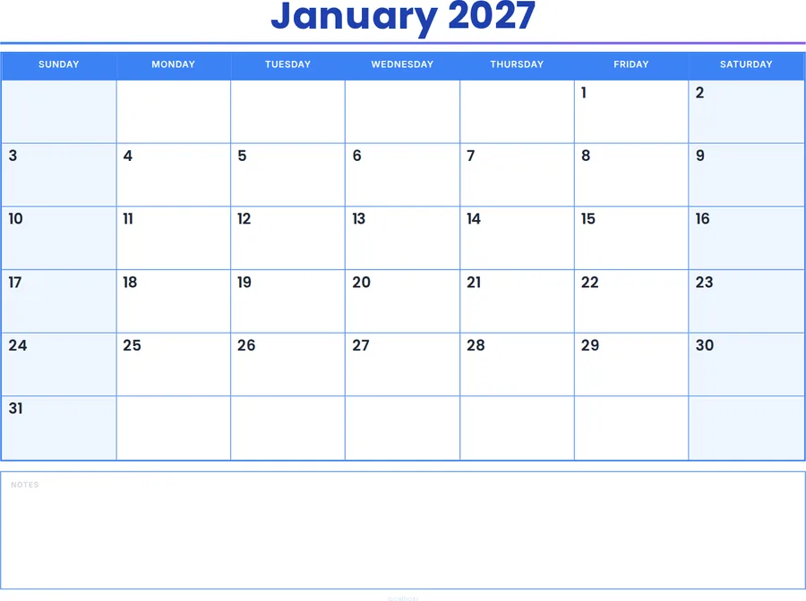 January 2027 Calendar Printable with Notes - Colored Header preview