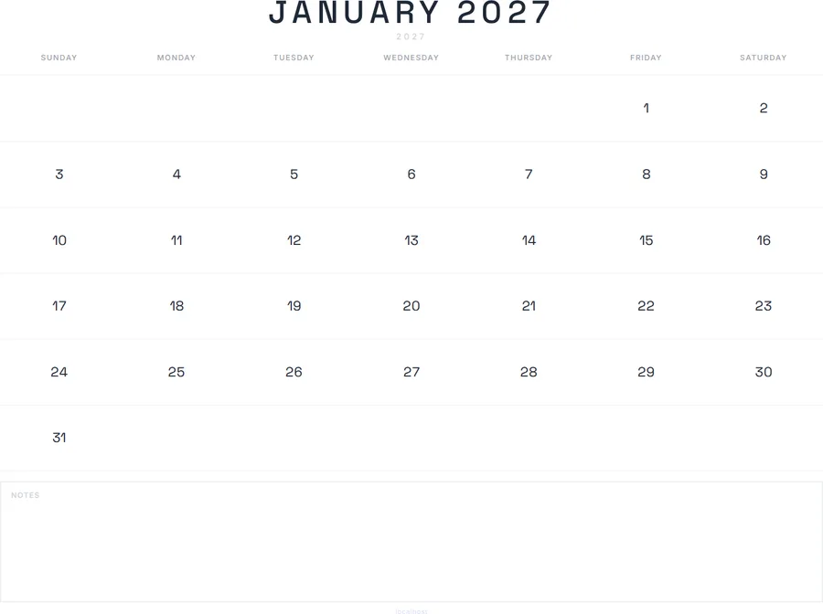 January 2027 Calendar Printable with Notes - Modern preview