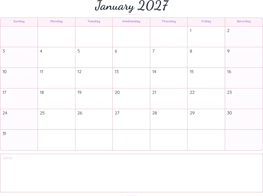 January 2027 Calendar Printable with Notes - Script preview