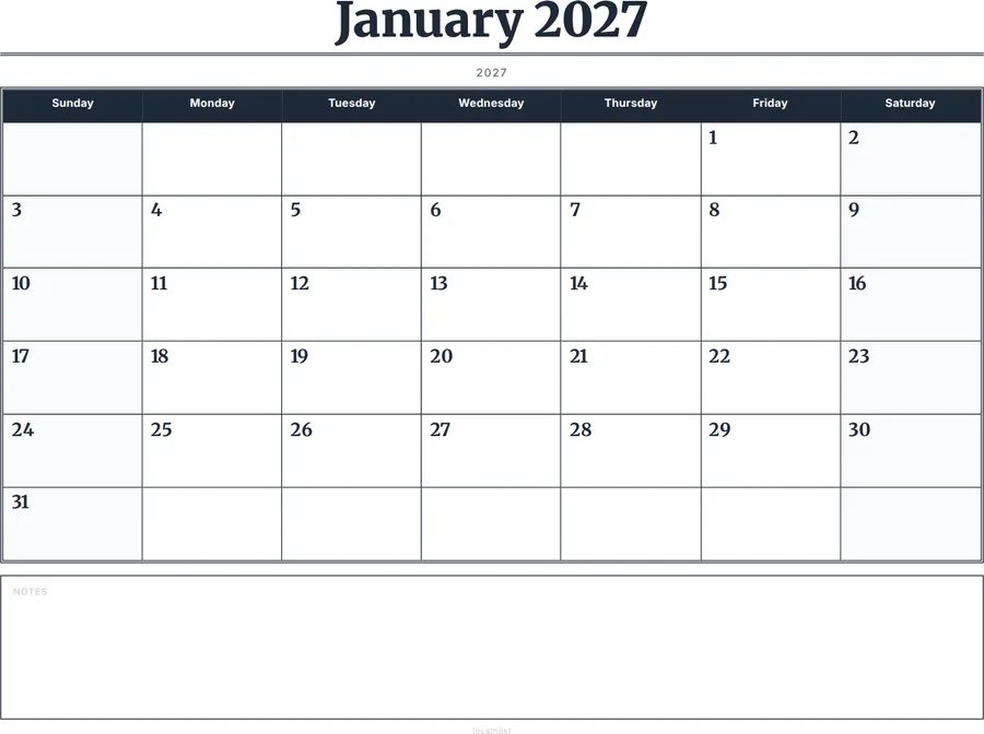 January 2027 Calendar Printable with Notes - Serif Grid preview