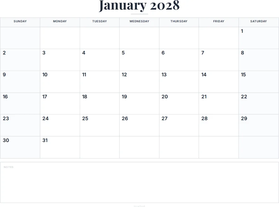 January 2028 Calendar Printable with Notes preview