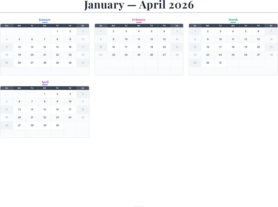 January-April 2026 Calendar preview