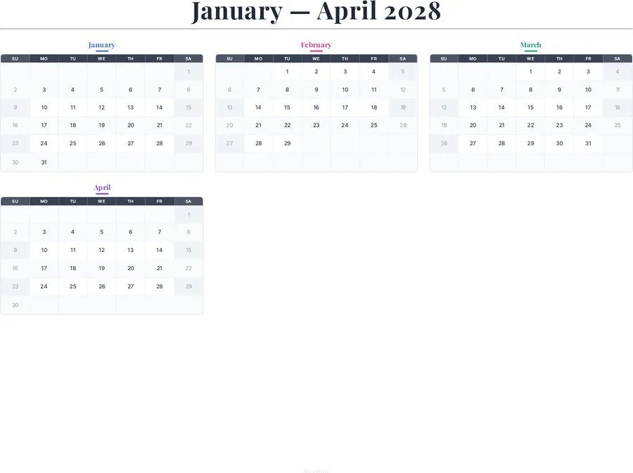 January-April 2028 Calendar preview