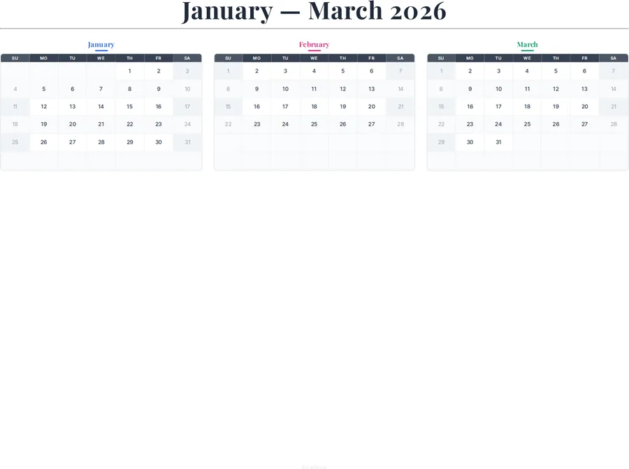 January-March 2026 Calendar preview