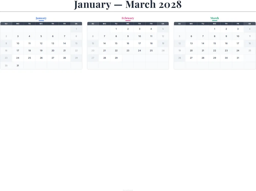 January-March 2028 Calendar preview