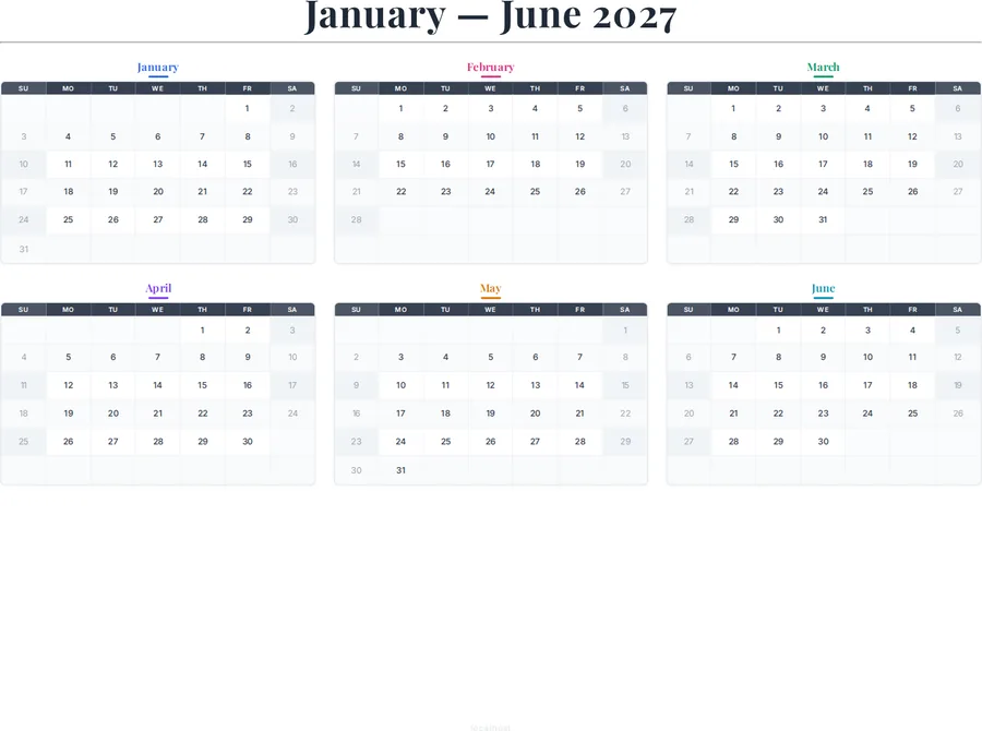 January-June 2027 Calendar preview
