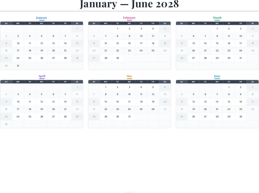 January-June 2028 Calendar preview