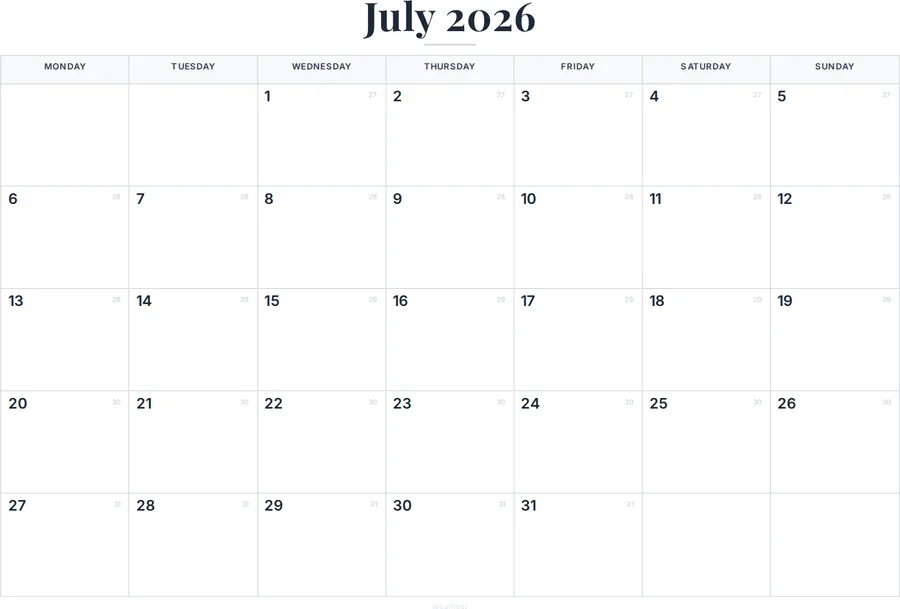 July 2026 Calendar Printable with UK Holidays preview
