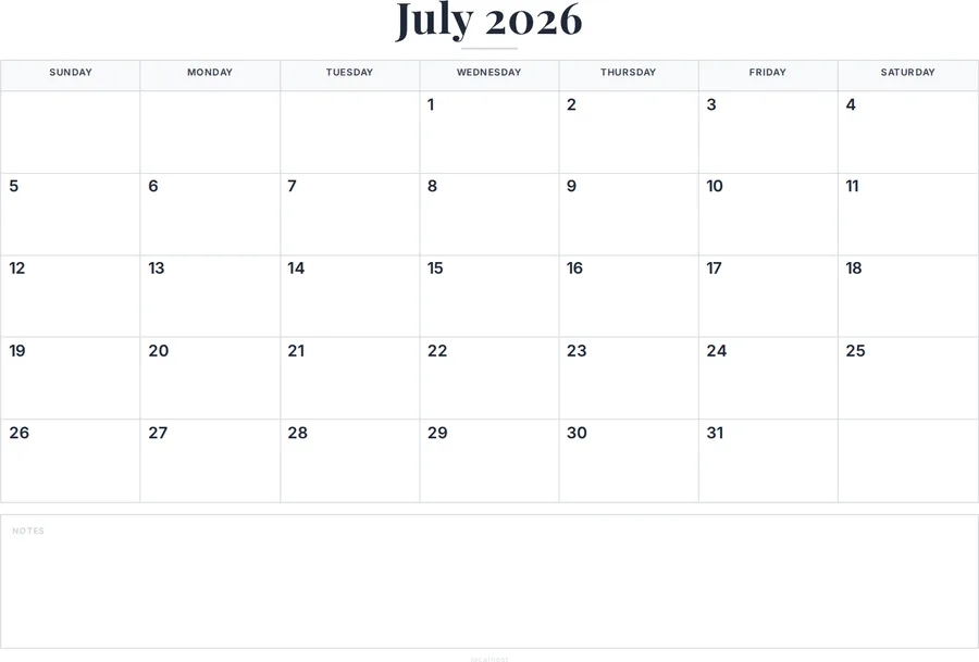 July 2026 Calendar Printable with Notes preview