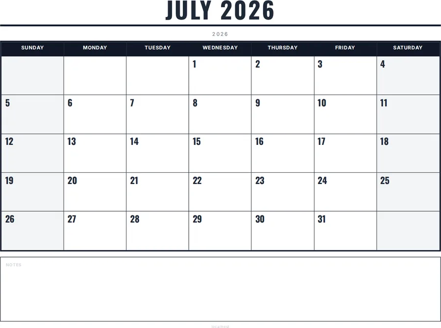 July 2026 Calendar Printable with Notes - Bold preview