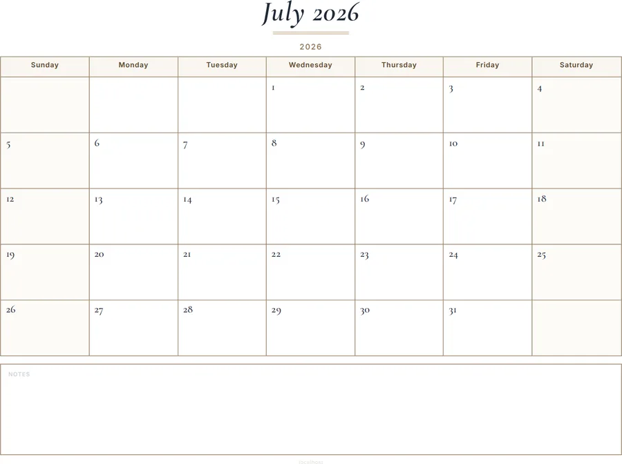 July 2026 Calendar Printable with Notes - Classic preview