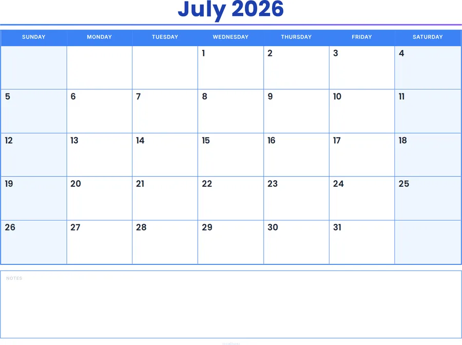 July 2026 Calendar Printable with Notes - Colored Header preview