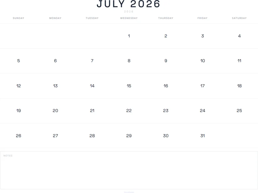 July 2026 Calendar Printable with Notes - Modern preview