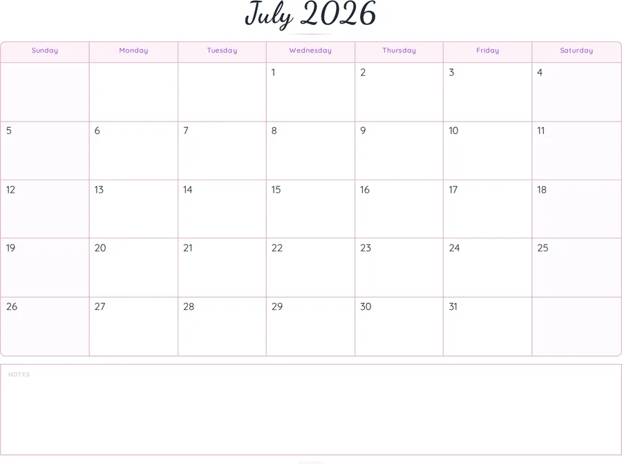 July 2026 Calendar Printable with Notes - Script preview