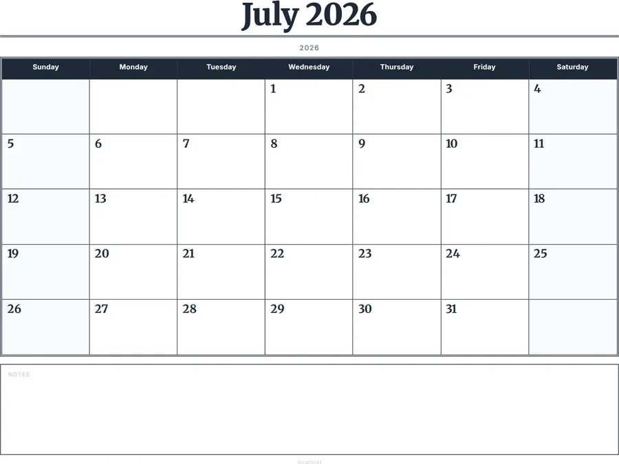 July 2026 Calendar Printable with Notes - Serif Grid preview