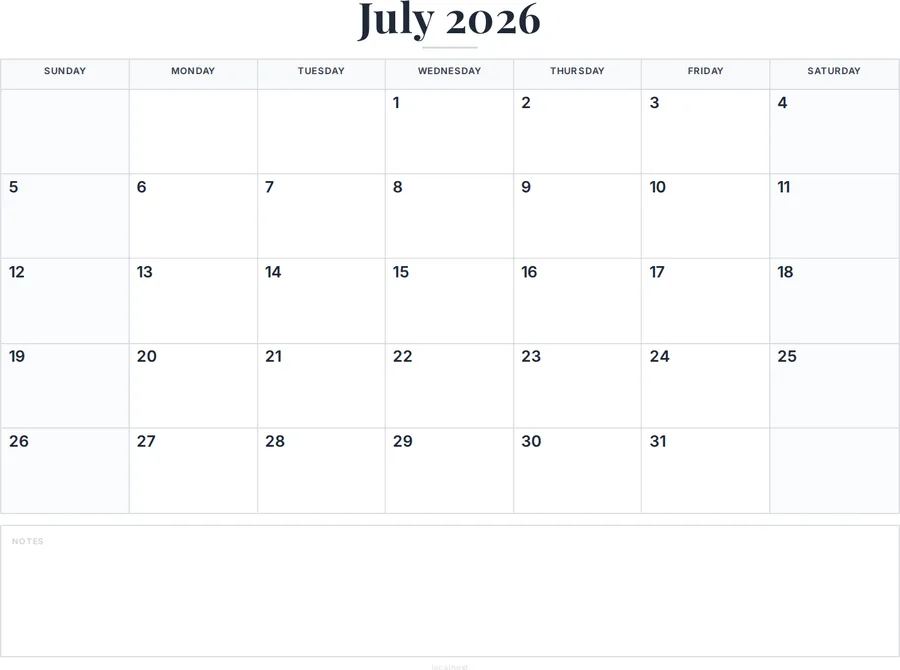 July 2026 Calendar Printable with Notes preview