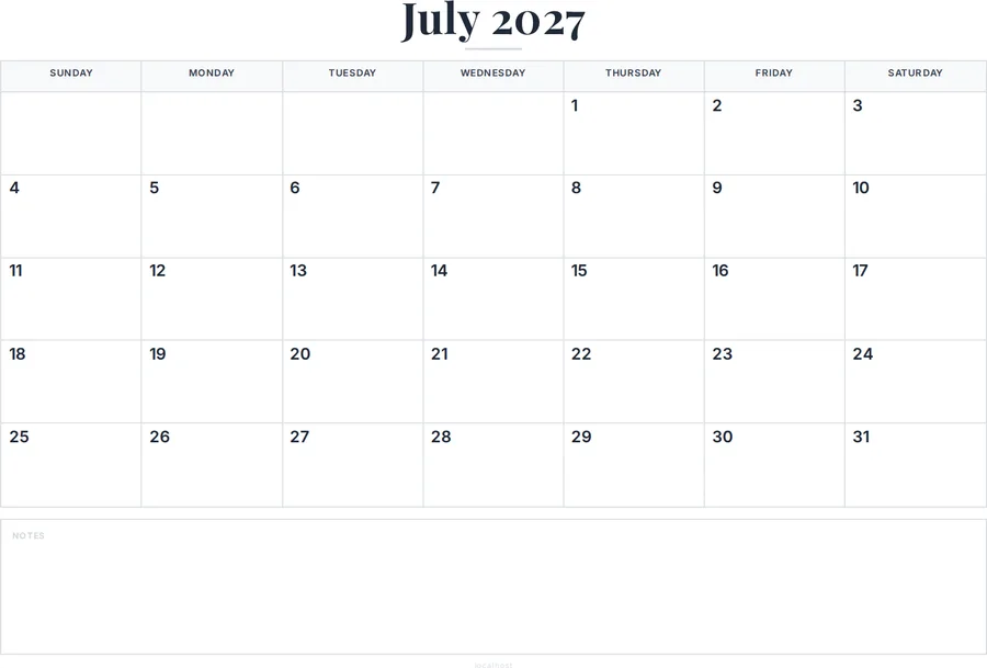 July 2027 Calendar Printable with Notes preview