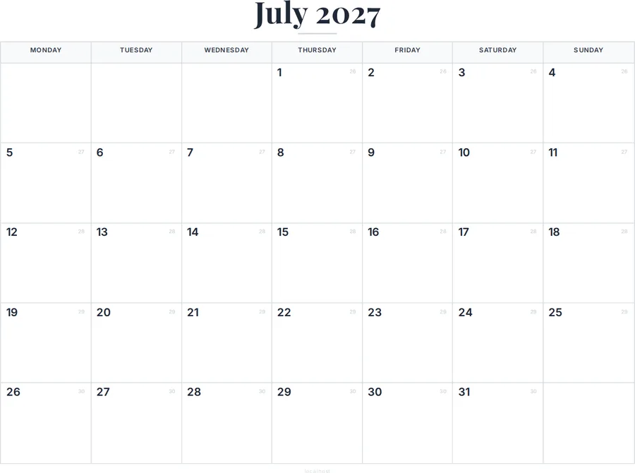 July 2027 Calendar with Holidays preview