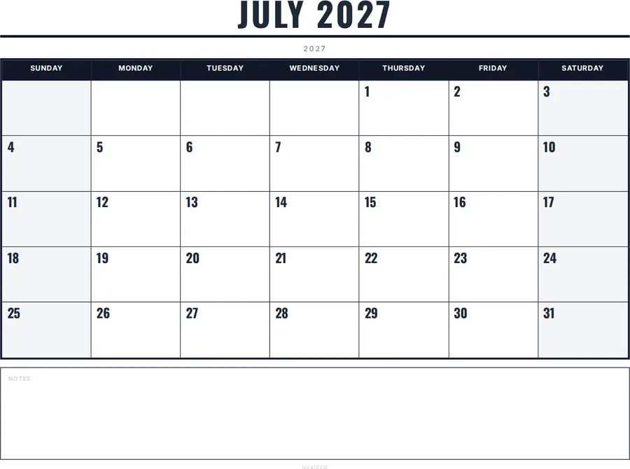 July 2027 Calendar Printable with Notes - Bold preview