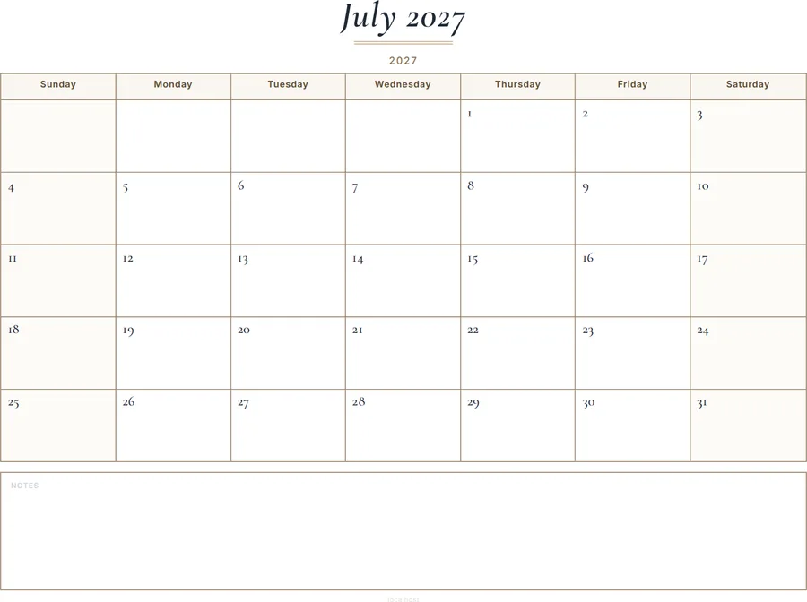 July 2027 Calendar Printable with Notes - Classic preview