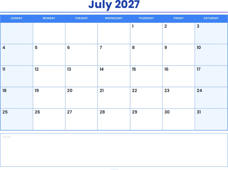 July 2027 Calendar Printable with Notes - Colored Header preview