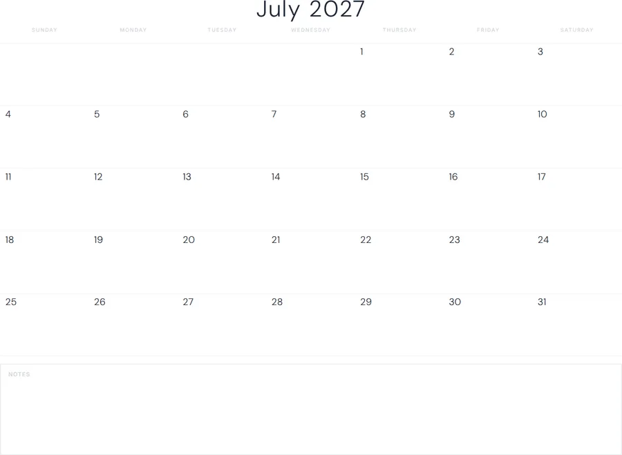 July 2027 Calendar Printable with Notes - Minimal preview