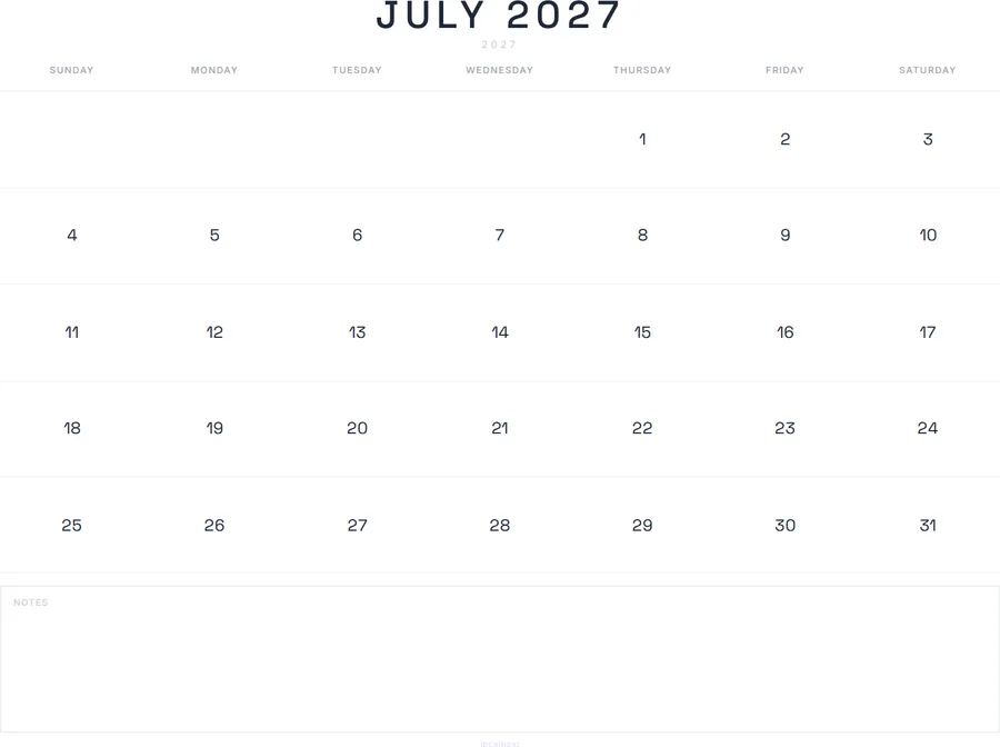 July 2027 Calendar Printable with Notes - Modern preview